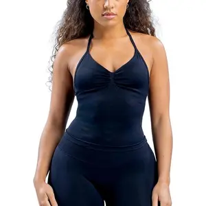 Women's Workout Longline Strappy Halter Top with Built-in Bra Backless Gym Tank Top