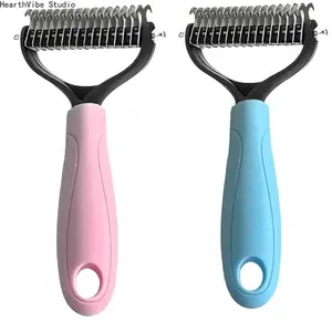 2PC Professional Pet Deshedding Grooming Tools - 2-Sided Dematting Comb, Undercoat Rake for Dogs, Cats, Puppies to Control Flying Hair (Blue, Pink)