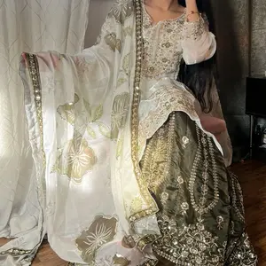 Green & White Silk Fancy Sharara Dress with Embroidered Details and Matching Dupatta for Festive Wear