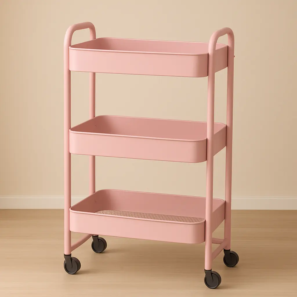 Pink & White 3-Layer Rolling Metal Utility Cart with 4 Hangable Hooks, Handle - Configurable Home Organization Storage Shelves for Room Accessories, Mom Gift