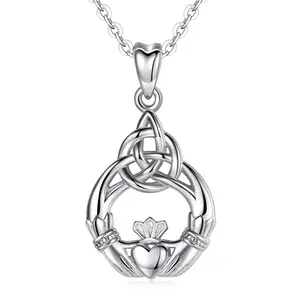 S925 Sterling Silver Celtic Knot Claddagh Pendant Necklace, Crown & Heart Charm, Symbol Of Loyalty And Friendship, Handmade Jewelry For Women