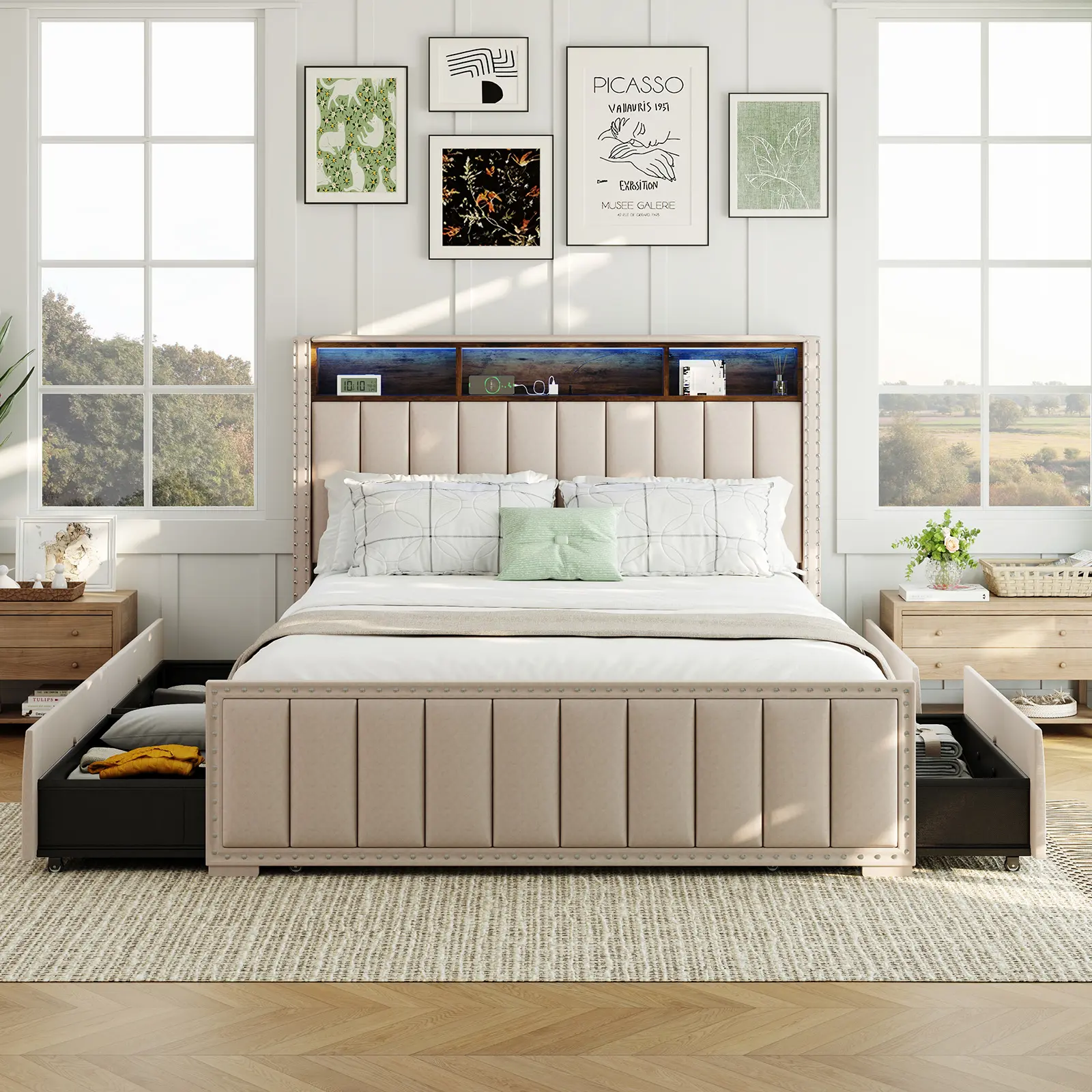 Sweetcrispy Modern Furniture Platform Bed Frame with 4 Storage Drawers, Headboard, LED Lights & Electricity for Household Bedroom (LED Lights Bedroom Compatible)