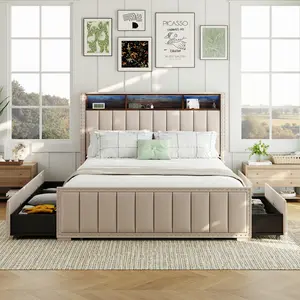 Bed Frame with 4 Storage Drawers Platform Bed with Headboard LED Lights and Electricity for Household Bedroom Modern Design Bed Frame with 4 Storage Drawers Platform Bed with Headboard LED Lights and Electricity for Household Bedroom Modern Design