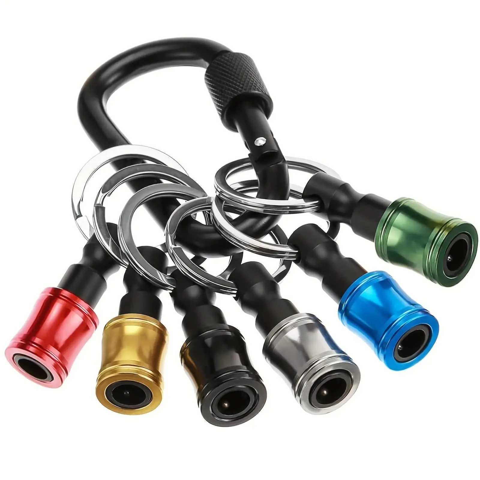 6pcs 1/4 in Hex Shank Aluminium Hex Screwdriver Bits Set - Quick-Change Portable Keychain Drill Adaptor with Black Carabiner, Bit Clip, Hardware Tool Gift for DIY Projects