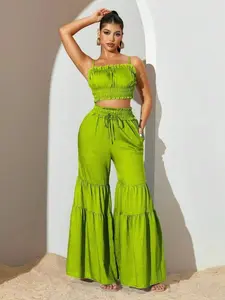 Women's Solid Color Ruffle Halter Top with Wide Leg Pants Set, Sleeveless, Summer Casual, Holiday Beachwear, Matching Outfits, Two-Piece Set, Matching Sets