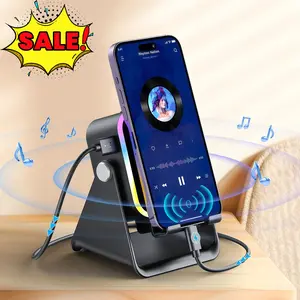 Summer Wins - 5-in-1 Wireless Induction Audio Bluetooth Speaker with Phone Holder, 5000mAh Rechargeable Emergency Charging Power Bank, 8 RGB Ambient Lights, 360° Adjustable Device Stand - Black Electronics Gift for Family