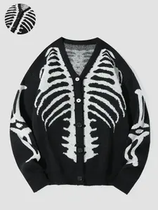Halloween Outfit Ideas, Men's Halloween Skeleton Print Button Front Cardigan, Regular Fit Casual Drop Shoulder Long Sleeve V Neck Knitwear for Fall & Winter, Men's Knit Clothing for Daily Wear,Halloween Costumes, Menswear