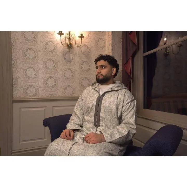 Marrakech Frost Winter Djellaba - Heavy Hooded Blanket Material with Grey Moroccan Embroidery for Men's Warmth and Tradition