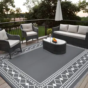 GARVEE Large Outdoor Rug Waterproof for Patio Decor 9x18 Reversible Plastic Straw Carpet, Outside Camping Mats for Outdoor Decor, RV, Backyard, Deck, Balcony, Picnic, Grey & White