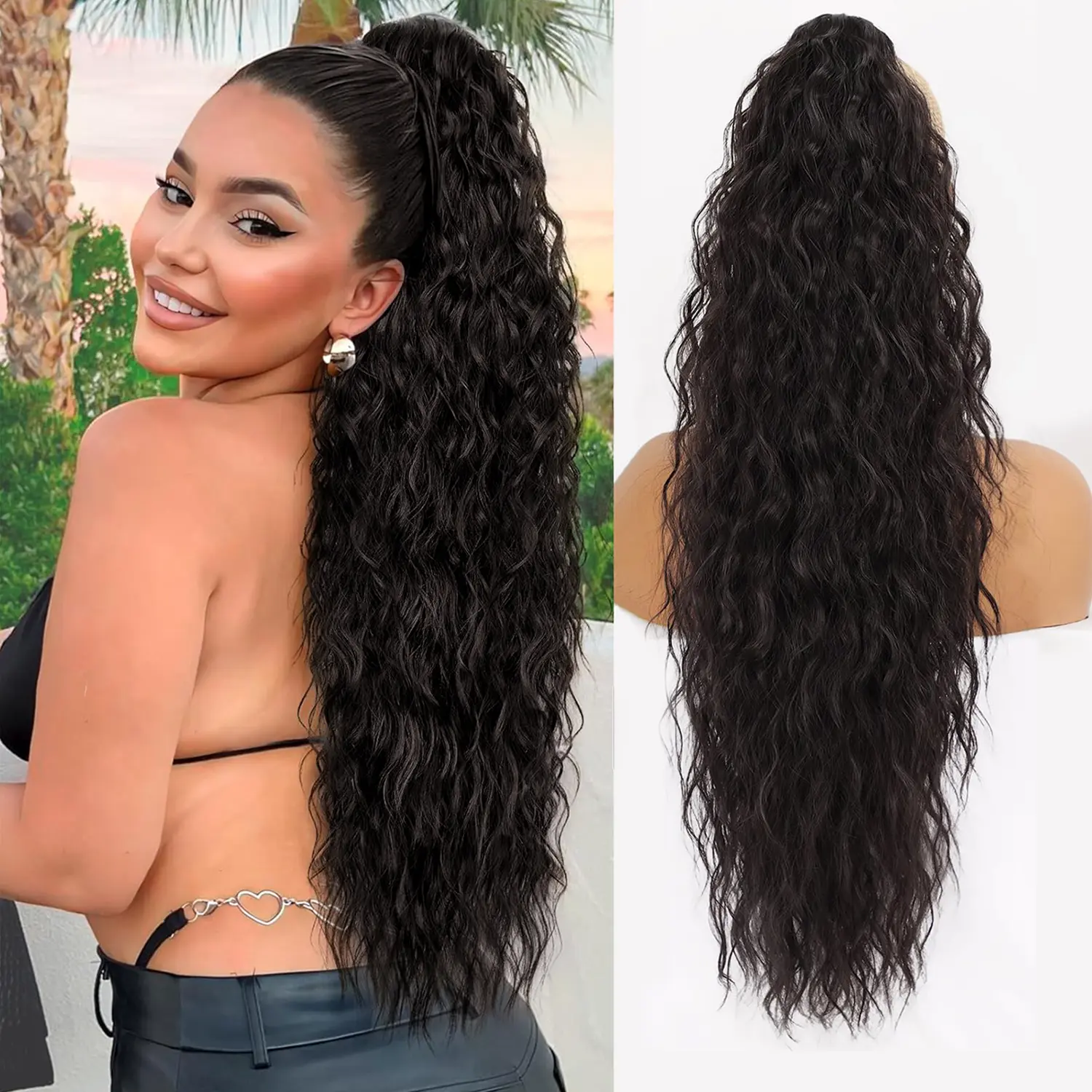 Wavy Ponytail Extension, 30 Inch Long Soft Synthetic Hair Extensions Clip In with Claw for Women, Natural Looking Hairpiece