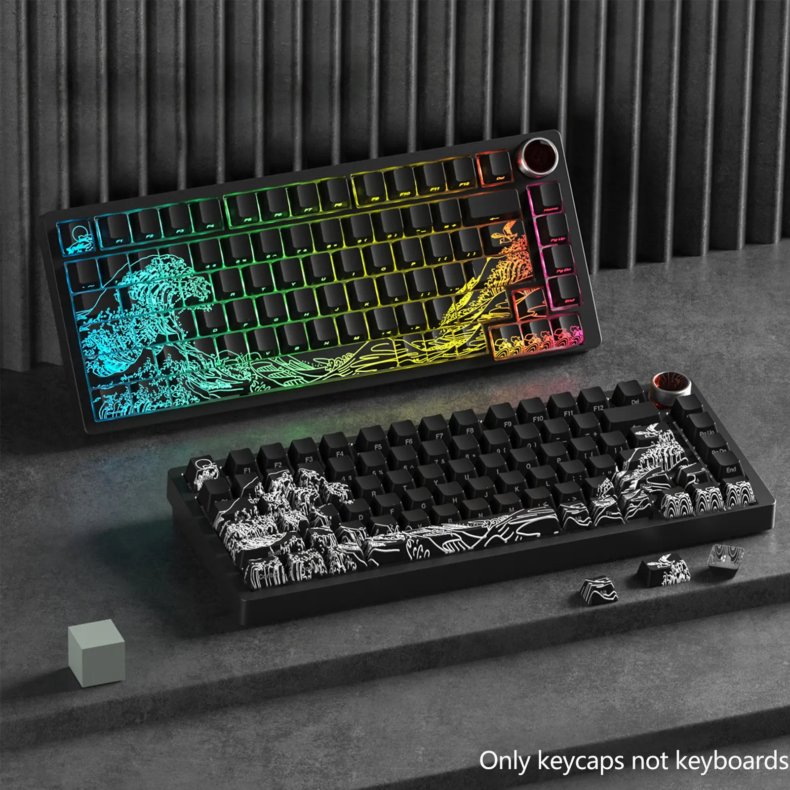 Inspired by Ukiyo-E Art Keycaps, Cute New Design Pbt Material Heat Transfer Printing Keycap Set, Rgb Backlight Keycap, Game-Ready, Gaming Focused, Compatible with Various Mechanical Keyboard Layouts