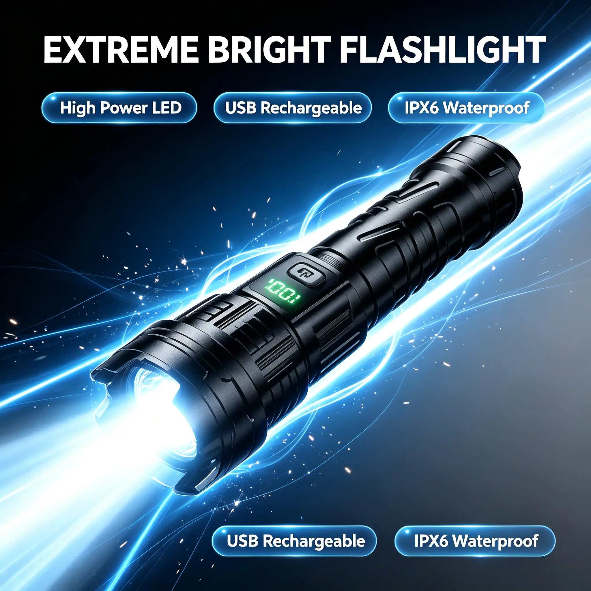 Portable LED Flashlight USB Rechargeable Torch with Digital Battery Screen, IPX6 Waterproof Outdoor Pocket Light for Night Walking Camping Emergency