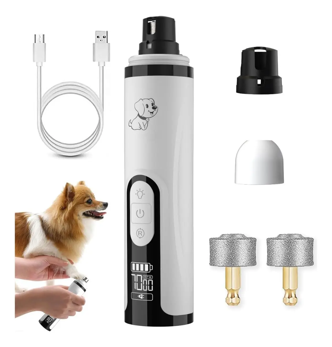 Dog Nail Grinder for Small to Large Dogs, 3-Speed Low-Voltage Motor, Ultra Quiet (<40dB, 7000-9000 RPM), Dual LED Lights, Gentle Touch, Ergonomic Grip, Multiple Grinding Ports, 2000mAh Battery, USB Cable