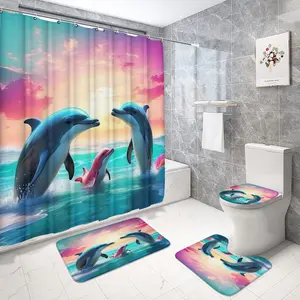 Dolphin Print Shower Curtain Set, Includes Toilet Mat, Bathroom Rug, U-Shaped Pad, Hooks, Complete Home Decor Accessories, Gift