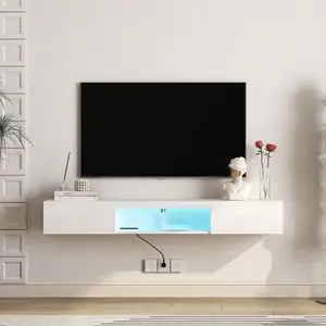 ​​Spaco Wall-Mounted Floating TV Stand – 63” Modern LED TV Console for 55/60/65” TVs, 16-Color RGB Lighting, White
