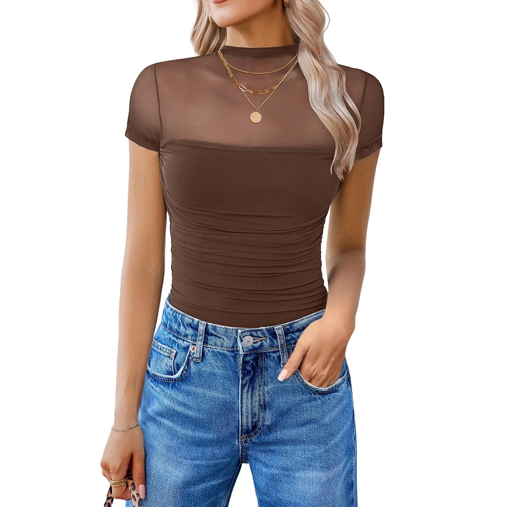 Avidlove Women's Short Sleeve Bodysuit Turtle Neck Body Suits Mesh One Piece Leotard Going Out Tops Date Outfits