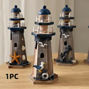 Mediterranean Style Creative Decorative Piece, Vintage Wooden Lighthouse, Restaurant Shop Decoration, Partition Ornament, Handicraft Gift, Decorative Sculptures, Home Decor Statue