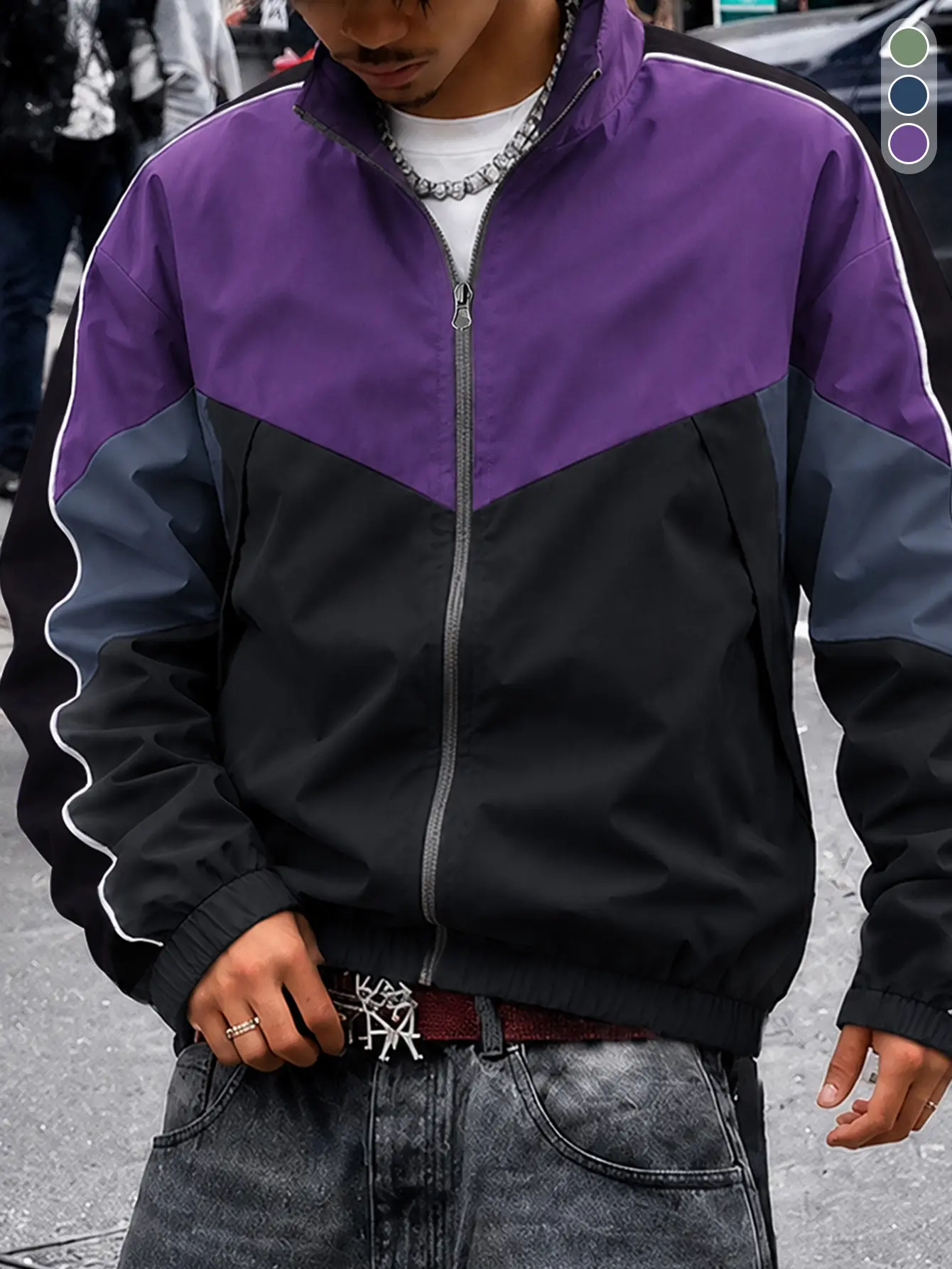 Men's retro color-block triangle athletic jacket with stand collar and zipper, loose street casual outerwear