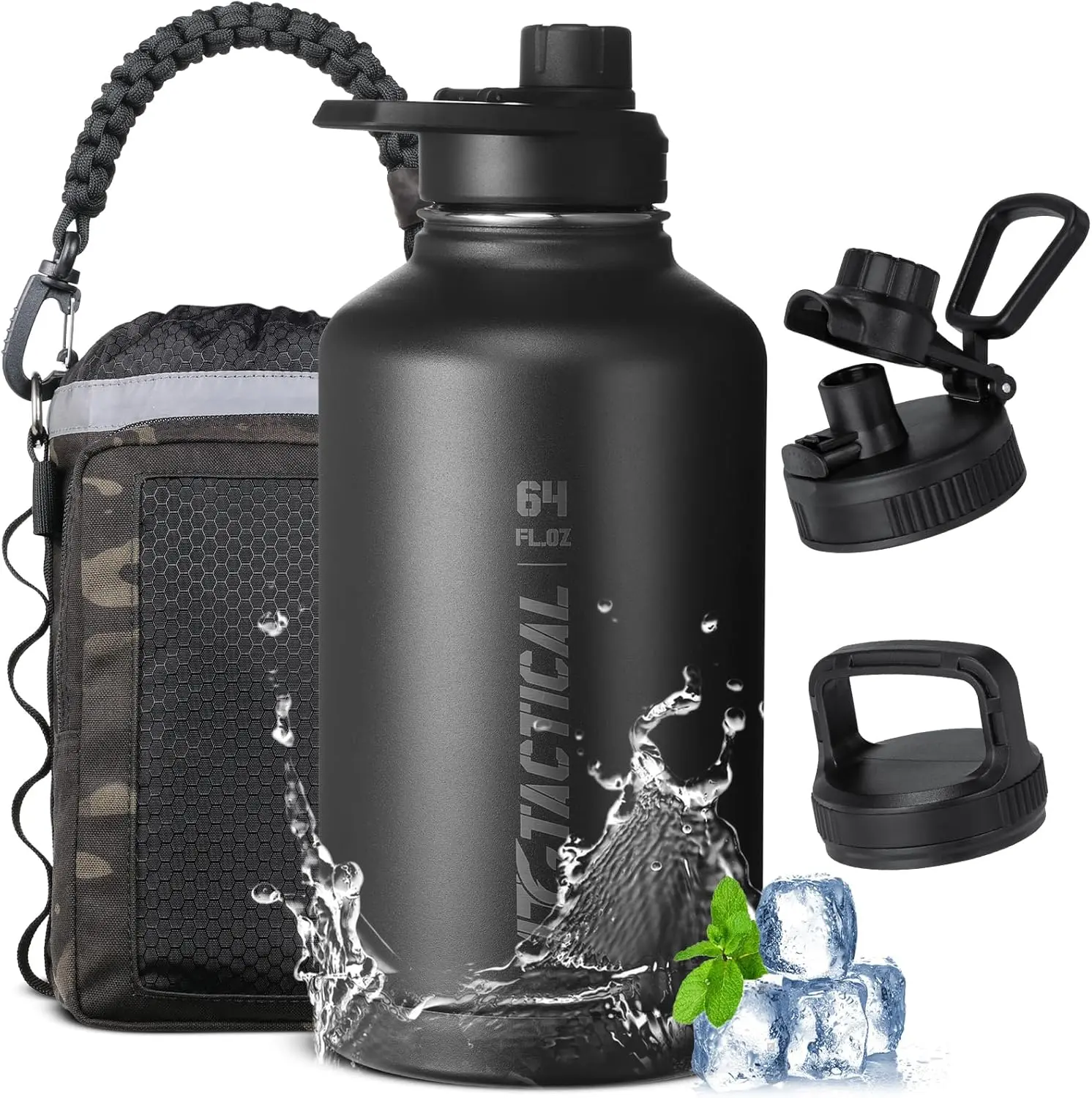 1TG - 64oz Portable Insulated Stainless Steel Sports Drinking Water Bottle, Half-Gal Travel Jug with Carry Bag & 3 BPA-Free Replacement Lids, Leakproof Thermal Container for Camping, Hiking, Gift for Men, Vacuumflask Water Bottles