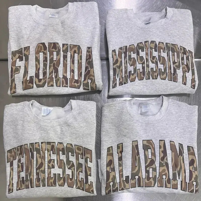Camo State Sweatshirt Duck Camo State College Varsity Name Pullover Camouflage Sweatshirts Collage TExas Georgia Ohio Florida Alabama Arkansas North Carolina South - KitchenEra