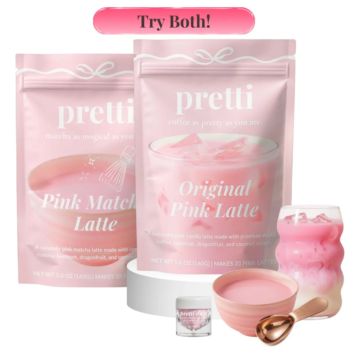 STARTER KIT - Pink Coffee & Matcha Latte Bundle, Instant Latte Mix with Rose Gold Scoop & Edible Glitter