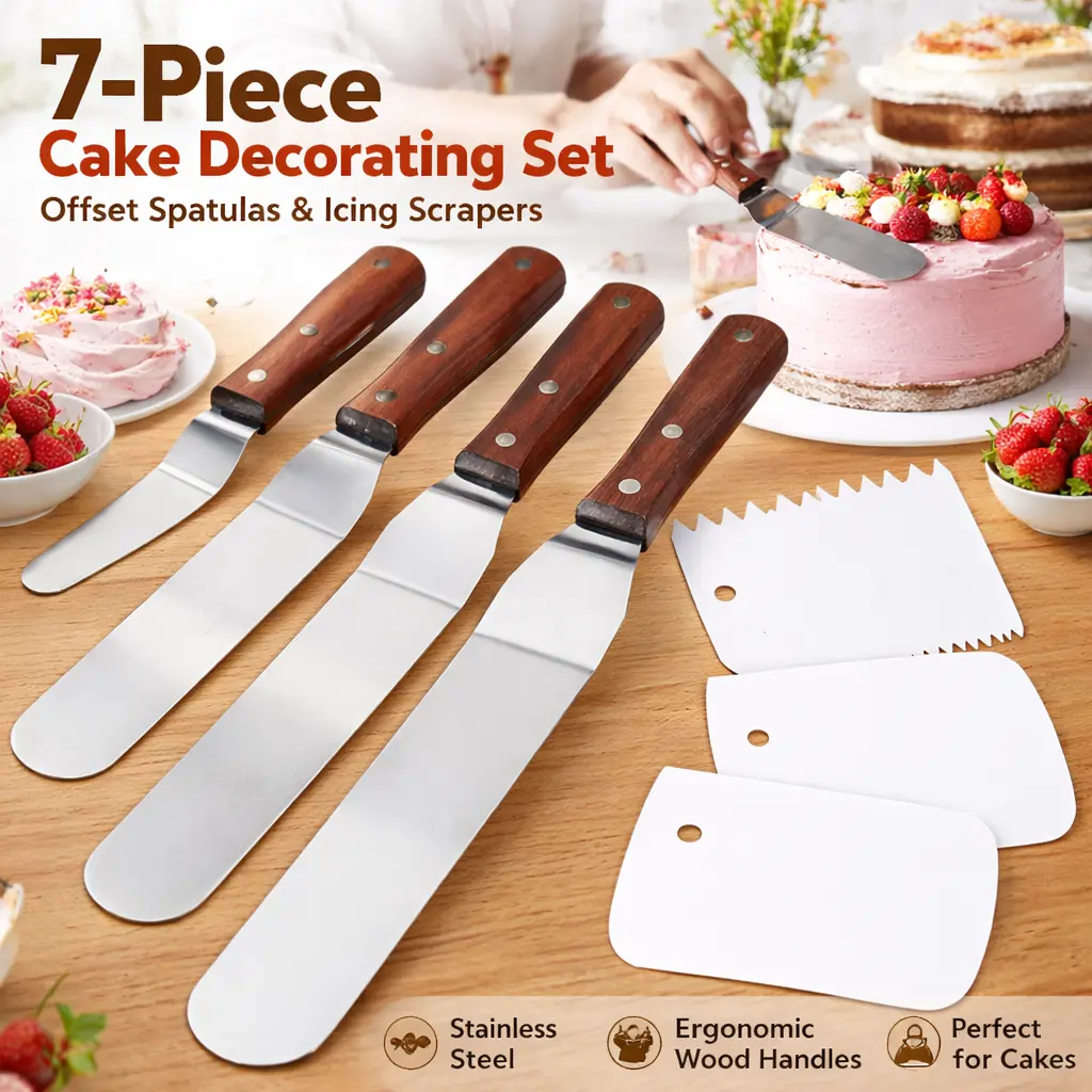 4-Piece Multi-Size Offset Angle Stainless Steel Icing Spatula Set with Pre-Drilled Hole Cake Smoothers for Baking, Cake Decorating, Pre-Drilled Holes