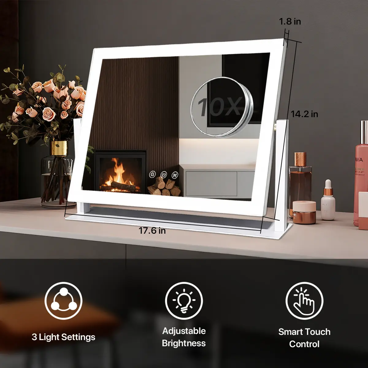 GALENTAL Vanity Mirror with Lights, LED Makeup Mirror with Dimmable 3 Color Modes, Touch Screen Control Vanity Based Mirror Desk Mirror Square White, Dealsforyoudays