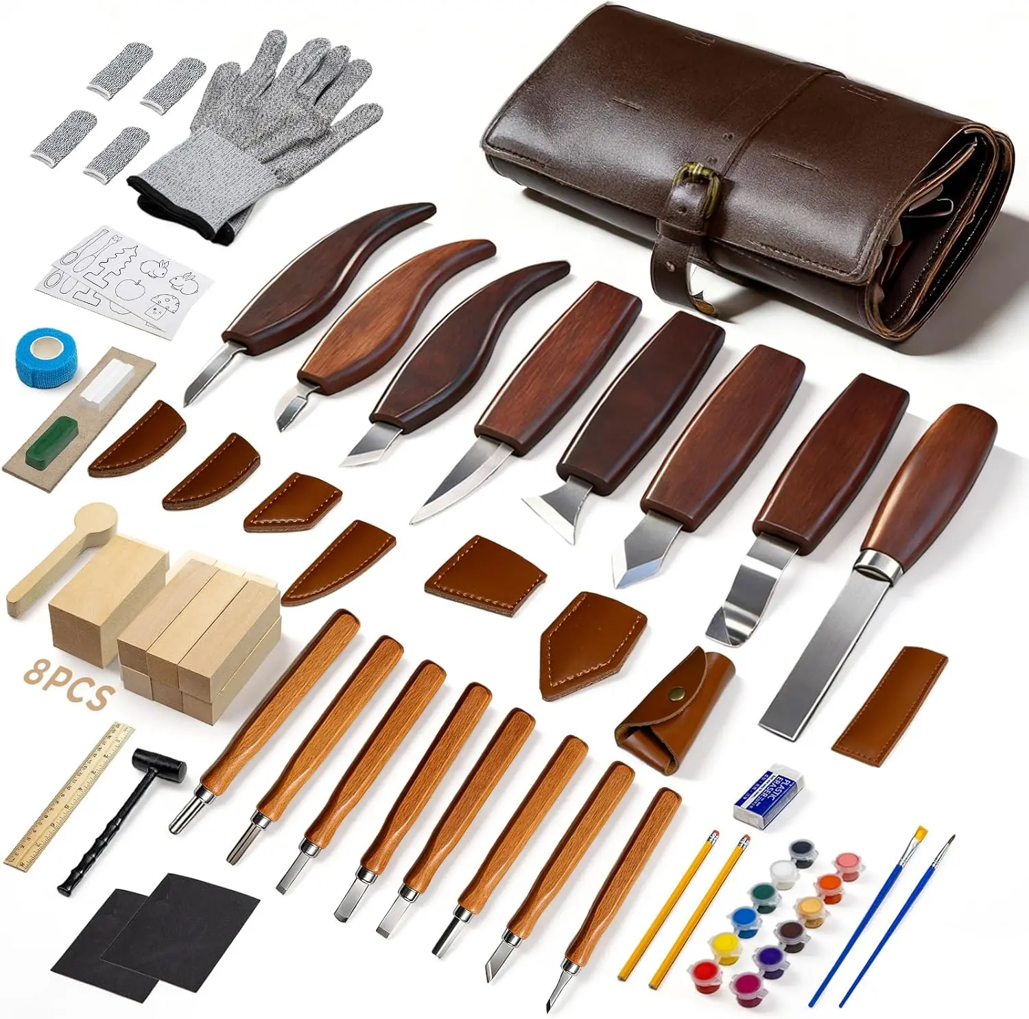 【DealsForYouDays】VMYTH Wood Carving Kit, 68PCS Complete Whittling Kit with Leather Storage Bag,16 Carbon Steel Knives, 8 Basswood Blocks & Paint,Ideal Wood Carving Set for Beginners,Enthusiasts Gift DIY