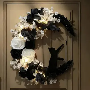 Gothic Cat Moon Wreath, Halloween Door Decor, Artificial Flowers, Realistic Flora, Crescent Moon & Bats Design, Durable Plastic Indoor Outdoor Decoration