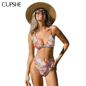 CUPSHE 【Valentine's Day】 Coral Flower Bikini Top & V-Waist Bottoms Set Summer Beachwear Adjustable Straps Underwire Swimwear Fashion Swimsuit Season Women Bathing Suits