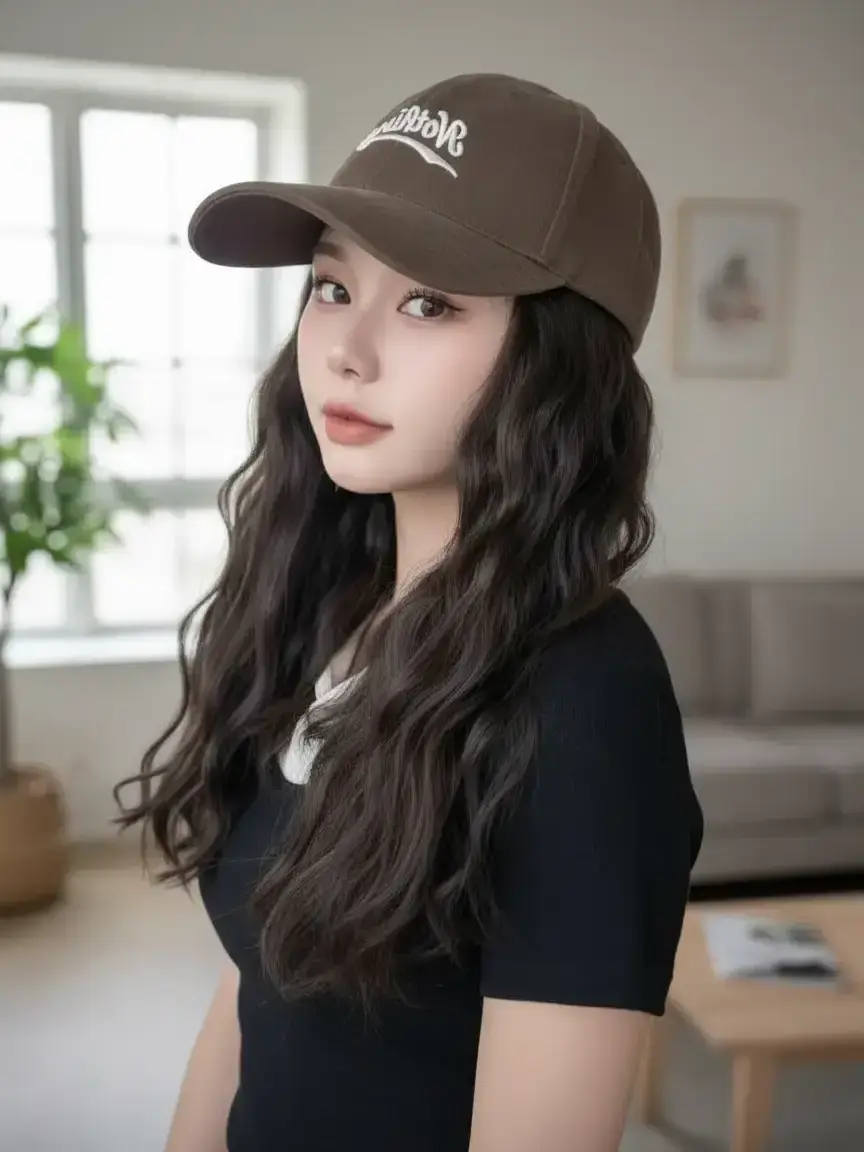 Baseball cap with hair extensions, 2-in-1 design, 18-inch long straight hair, natural black color, brown embroidered cap, adjustable fit, heat-resistant synthetic hair, easy wear, everyday use, casual style, wig hat for women[041]