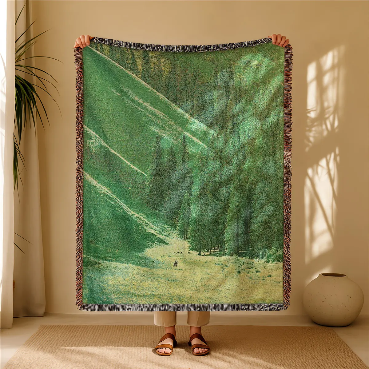 Hillside Forest Pattern Bohemian Yarn Jacquard Woven Blanket with Tassel, Cozy Throw Blanket, Boho Blanket, Boho Style Blanket, Thick Soft Washable Blanket, Used for Home Decor Sofa Chair Bed Picnic Outdoor Camping