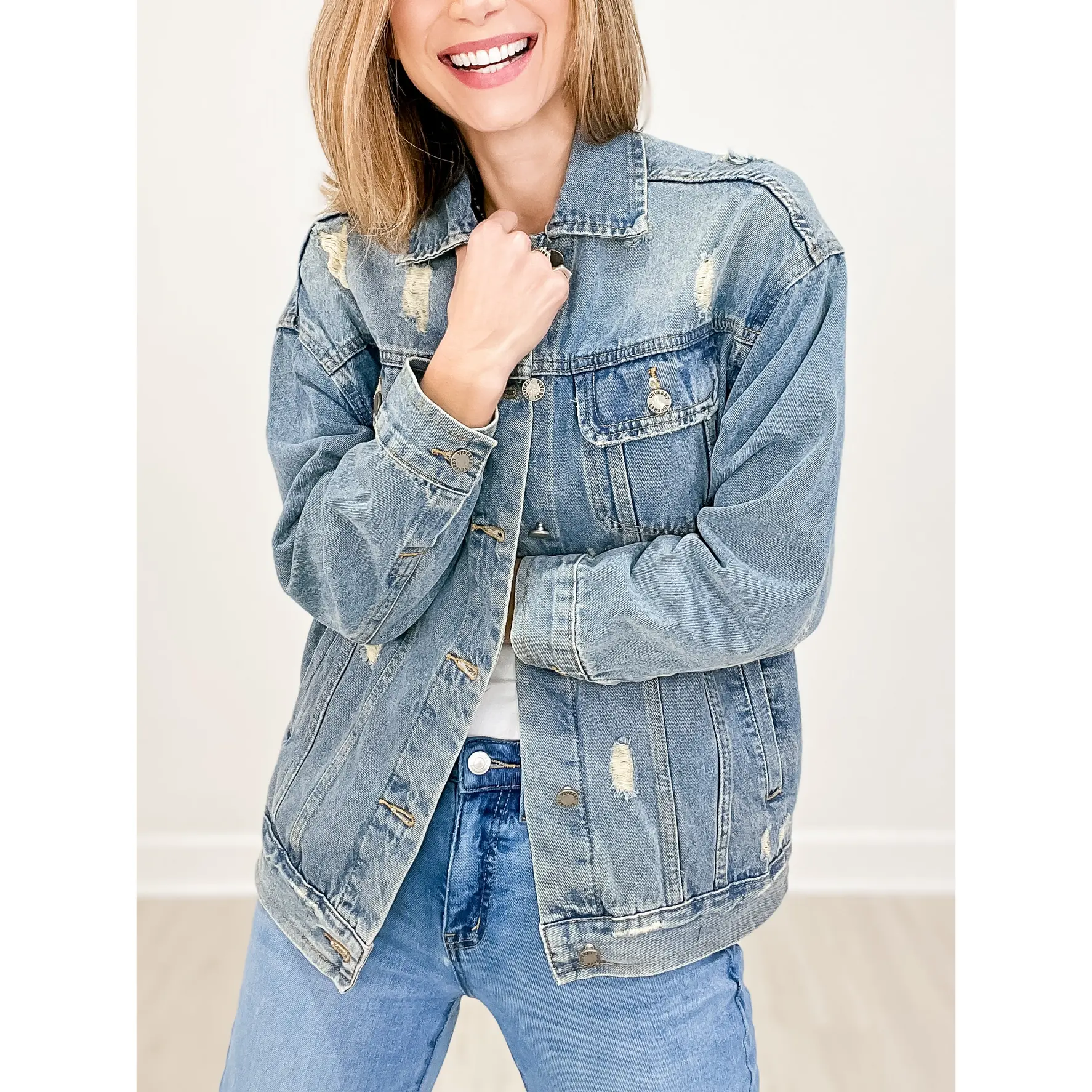 Med Wash Distressed Classic Denim Jacket