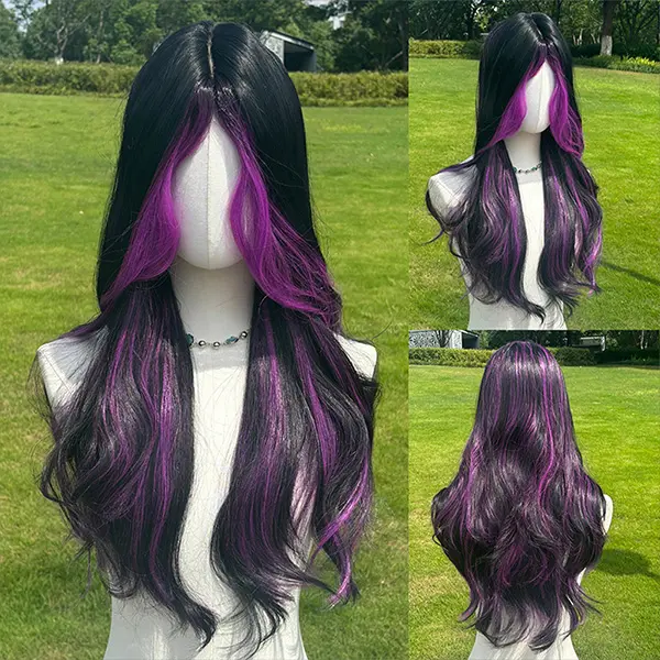 Smilco Long Curly 26 Inch Synthetic Full Machine Wig for Women, Black Roots with Vibrant Purple Highlights, Synthetic Full Machine Wigs Hair Wig