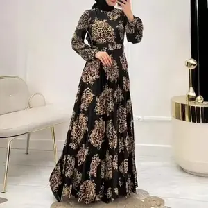 Floral Print High Waist Maxi Dress Long Sleeve round Neck Ramadan Women's Clothing