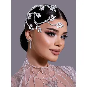 Elegant Rhinestone Decorated Leaf Design Headband, Exquisite Trendy Bridal Headwear, Fashionable Hair Accessories for Wedding Party Decoration(Sheet)