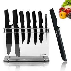 Black Kitchen Knife Set with Acrylic Stand,High Carbon,Stainless Steel, Non Slip Handle,Sharp Knife