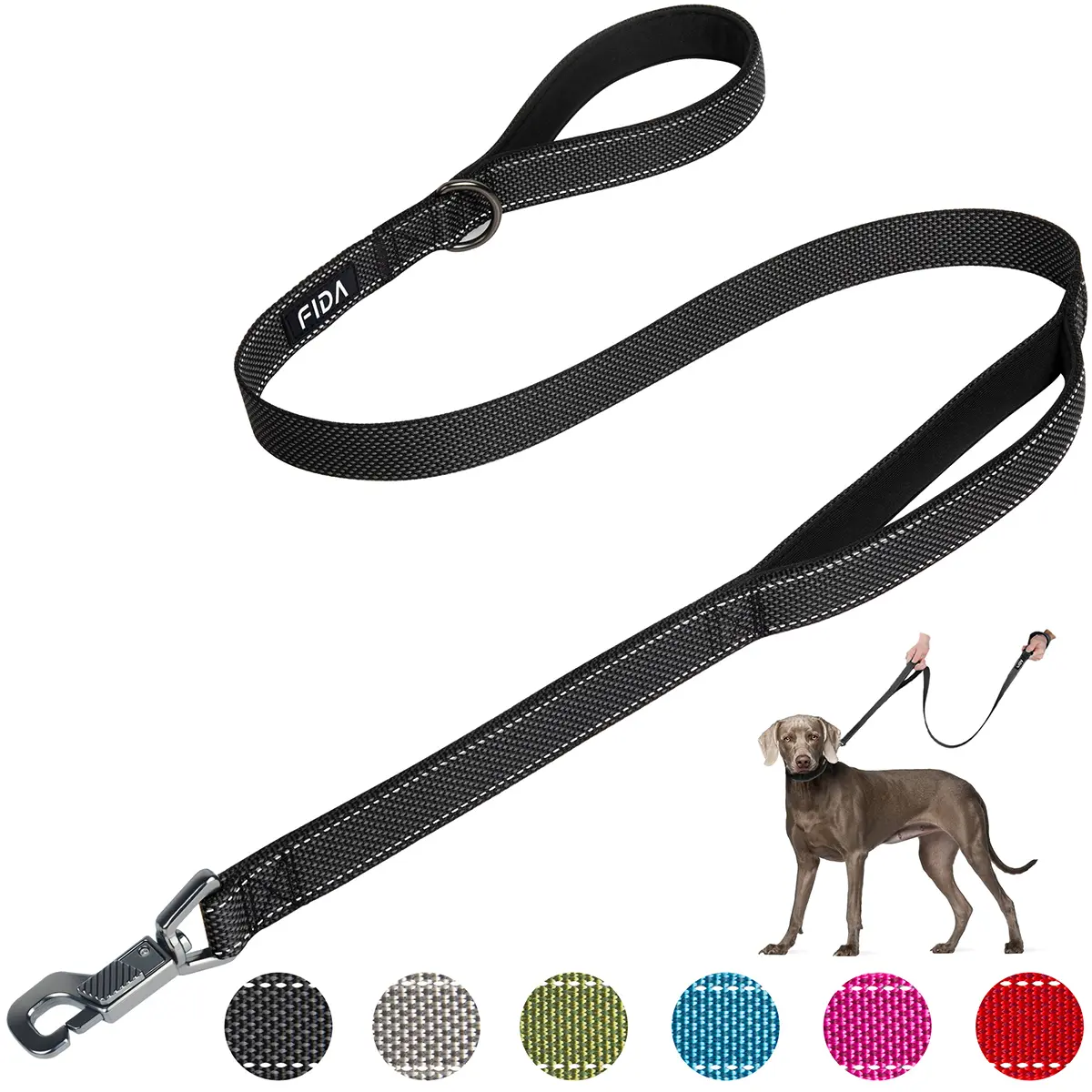 Fida Heavy Duty No Tangle Dog Safety Leash - Heavy Nylon, 2 Padded Dual Hands, Advanced Easy Snap Hook, Emergency Control, Reflective Night Vis. Walking Lead for Large & Medium Dogs, Daily Walks Use