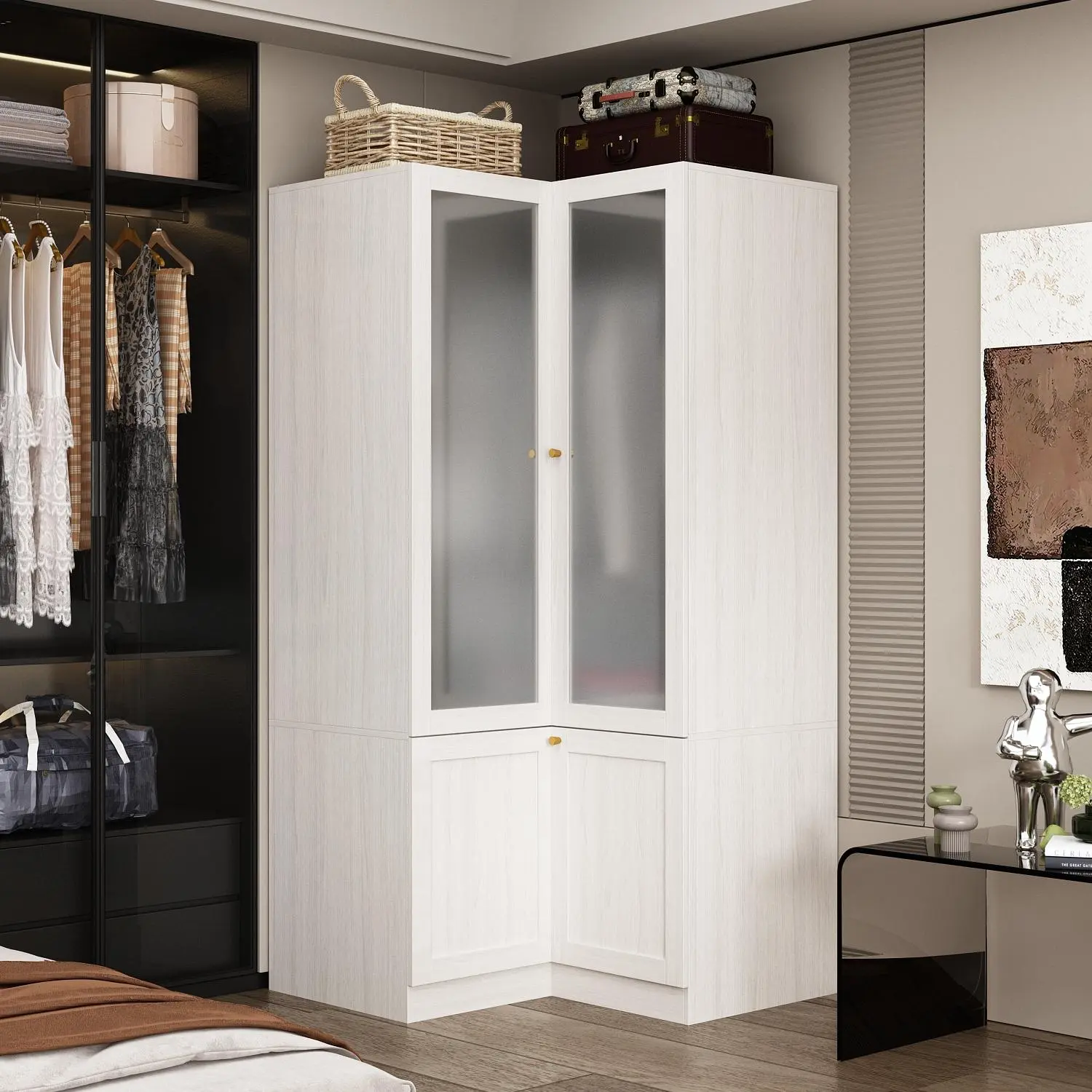 FUFU&GAGA L-Shape Armoire Wardrobe Closet with Frosted Glass Doors, Hanging Bar & Shelves, Wooden Closet Storage Cabinet for Bedroom