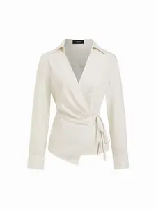 Linen Blend Striped Wrap Blouse for Women – Asymmetrical Ruched Knot Shirt, Office Casual Top