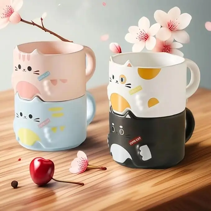 Stackable Cat Mug Set of 4, Adorable Ceramic Coffee Mugs 10 oz