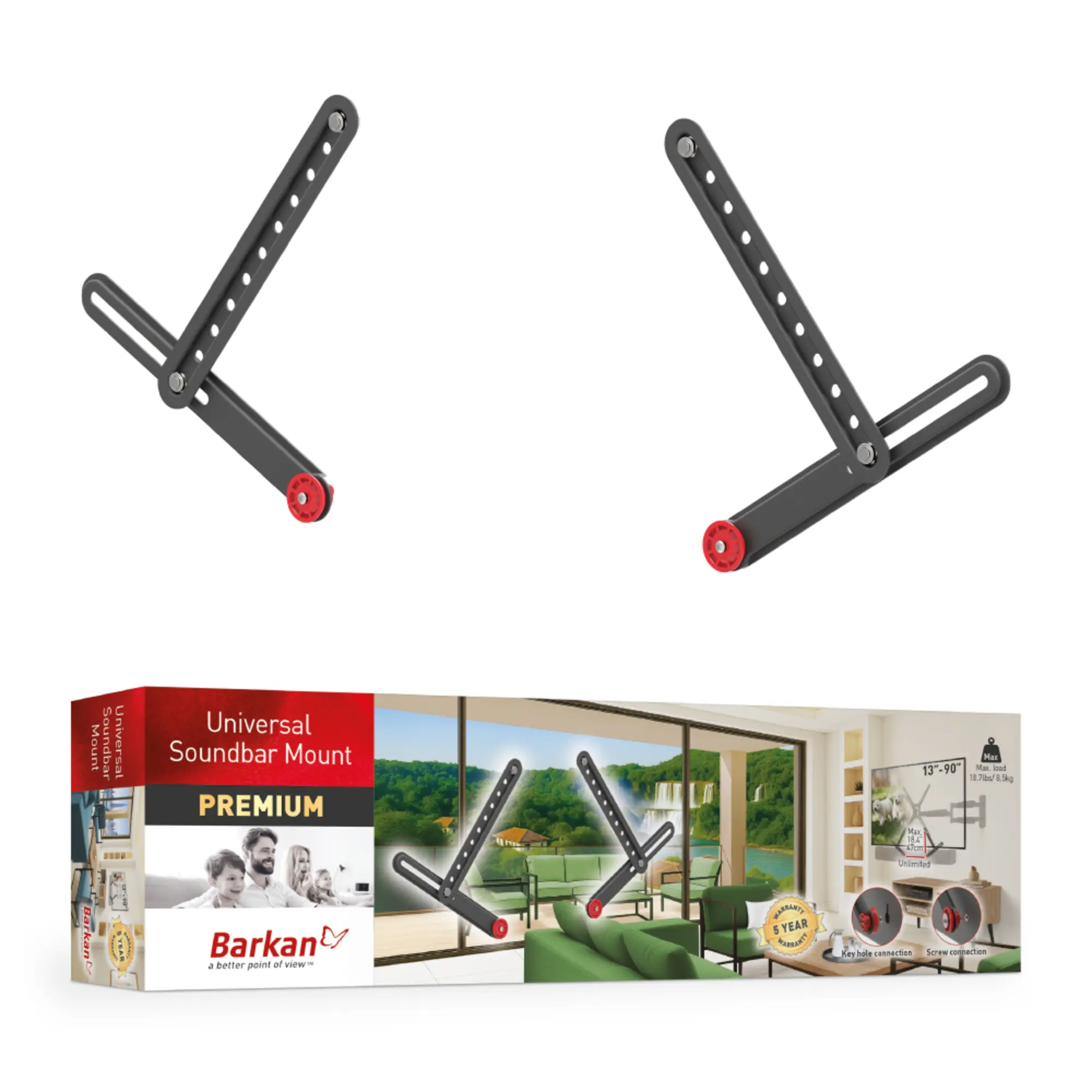 Barkan E820 Universal Soundbar Mount, Adjustable Bracket For Mounting Above Or Under The Tv, Sizes 13 - 80 Inch