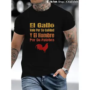 Men's Spanish Rooster Graphic T-Shirt - "The Rooster for Its Quality, The for Man for His Word" Saying - Black Shirt with Red Rooster -  100% Cotton Tee - Funny Gift for Rooster Fighting Fans, Husband, Dad - Casual Crewneck Top, Rooster Shirt