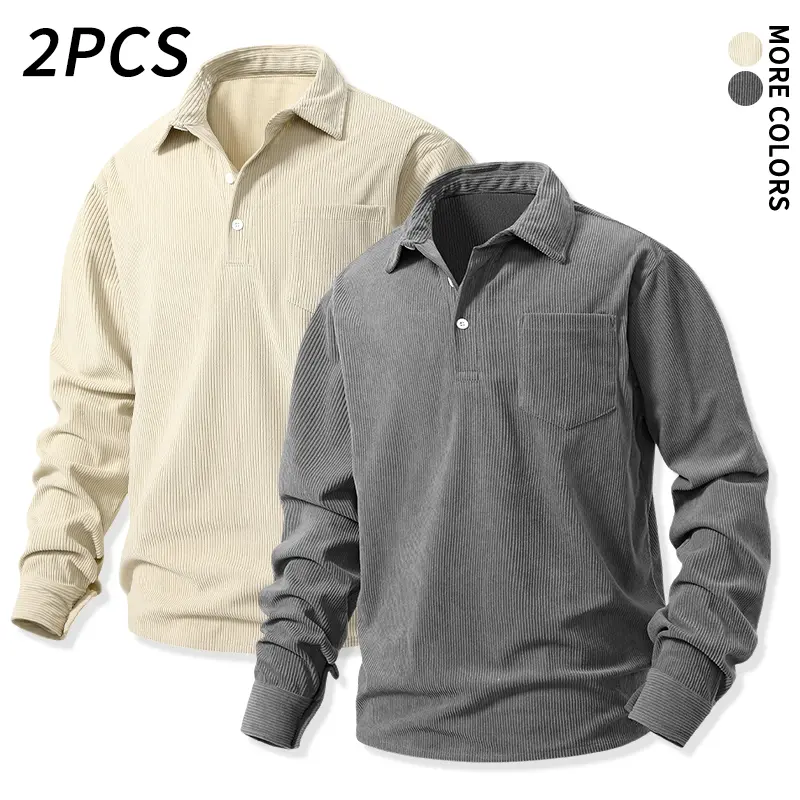 2 Pack Men’s Autumn/Winter Soft Corduroy Shirt with Lapel and Half Placket, Simple Loose Fit, Pull On Long Sleeve Basic Everyday Top with Chest Pocket Men's