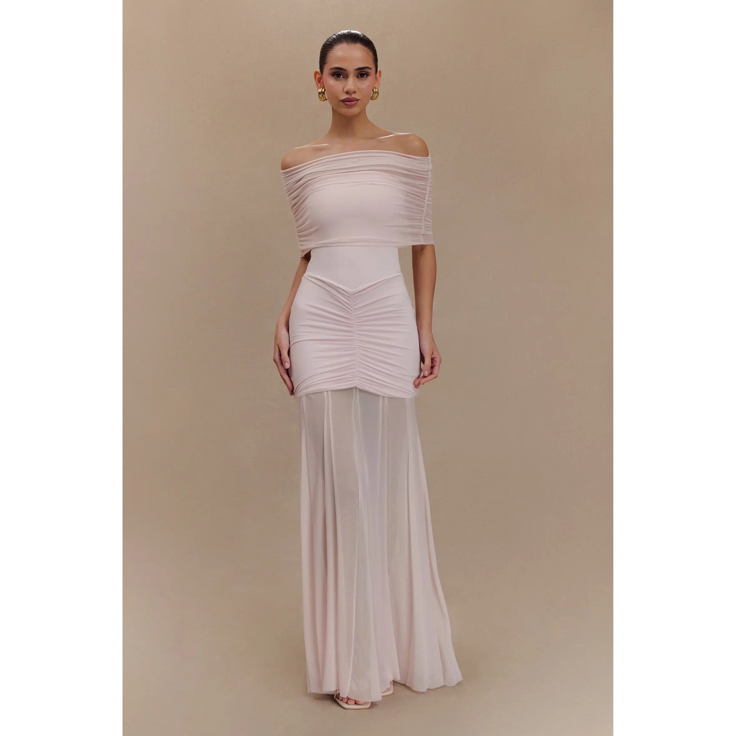 Caspian Slinky And Mesh Off Shoulder Maxi Dress - Pale Pink Caspian Slinky And Mesh Off Shoulder Maxi Dress - Pale Pink