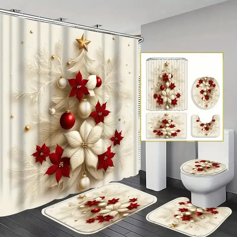 1/4-piece luxury Christmas tree design shower curtain set includes a shower curtain, toilet seat cover, rectangular mat, and U-shaped mat. Perfect for bathroom décor and enhancing the space, with 12 shower curtain hooks, Waterproof bathroom curtain