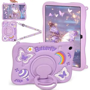 for Samsung Galaxy Tab A9 Plus Case 11" (SM-X210/X216/X218) Cute Purple Butterfly Cover Women Girl Kid 3D Cartoon Rotating Handle Stand & Shoulder Strap Soft Silicone for Samsung A9 Plus Tablet Case