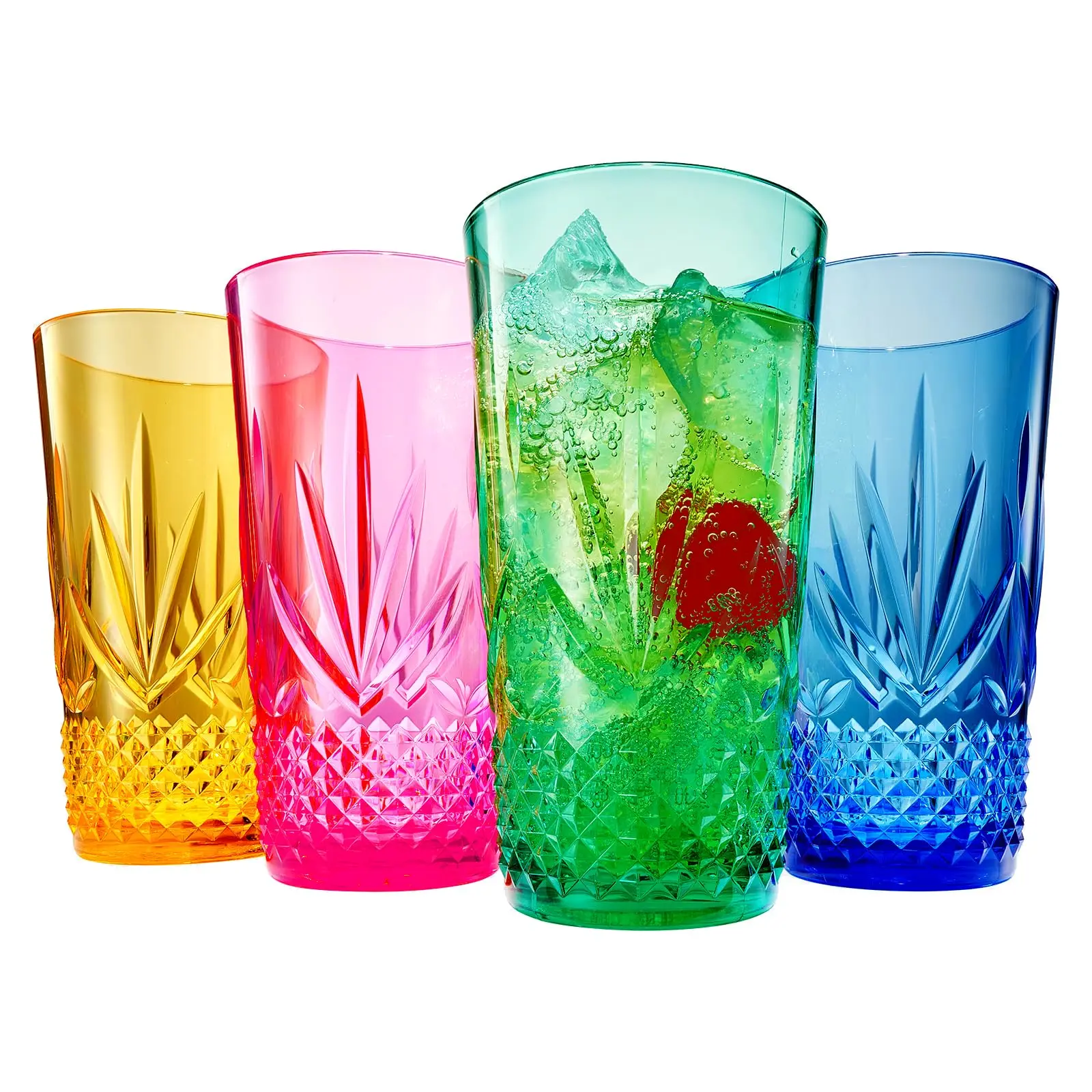 Khen Large Plastic Tumblers Highball Drinking Glasses Shatterproof & Reusable Bright Acrylic | 4 Set | Crystal Glass Lookalike Tritan, Dishwasher Safe, Unbreakable BPA-free, Outdoor & Indoor 12OZ