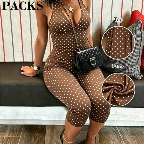 2 Piece French Retro Vintage Chic Slimming Polka Dot Sleeveless Halter Set for Dates, Parties and Everyday, Casual Everyday Set, Versatile Daily Wear, Summer Matching Sets