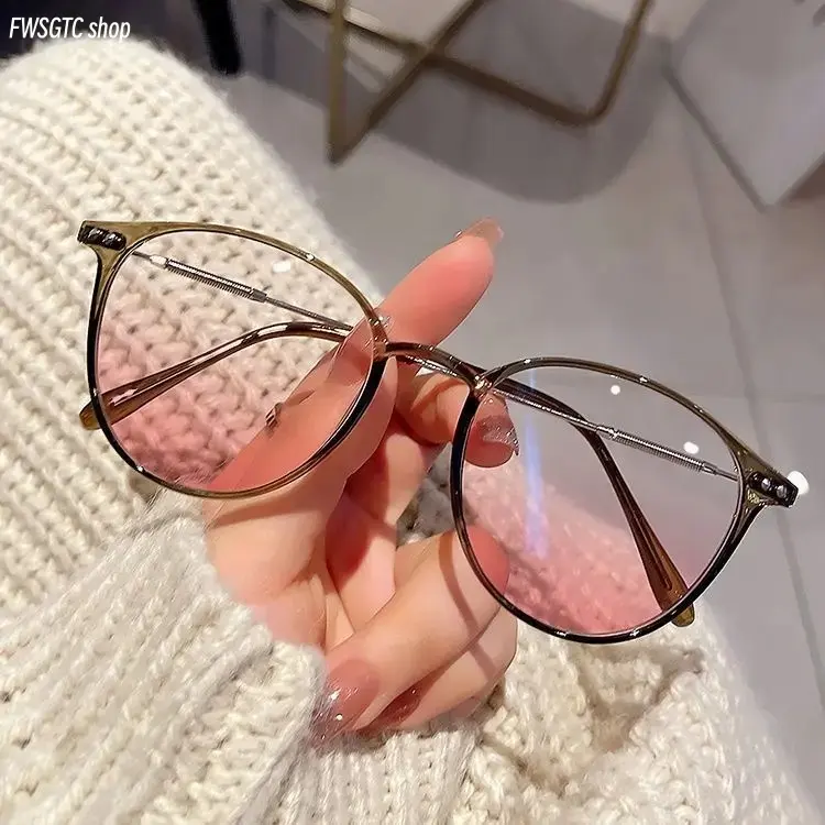 Unisex Ultra-Light Round Metal Frame Anti-Blue Light Plain Glasses, Korean Blush Cold Brown Stylish Eyewear, Anti Radiation & Anti Fatigue Design, Premium Quality Eyeglasses for Office, Study and Daily Casual Wear